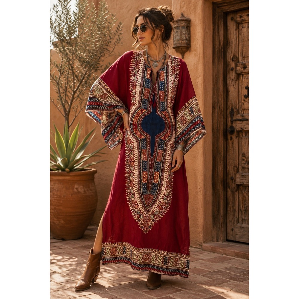 Vintage Pakistan Cotton Dashiki Kaftan Maxi Dress Boho Ethnic Print 70s Style